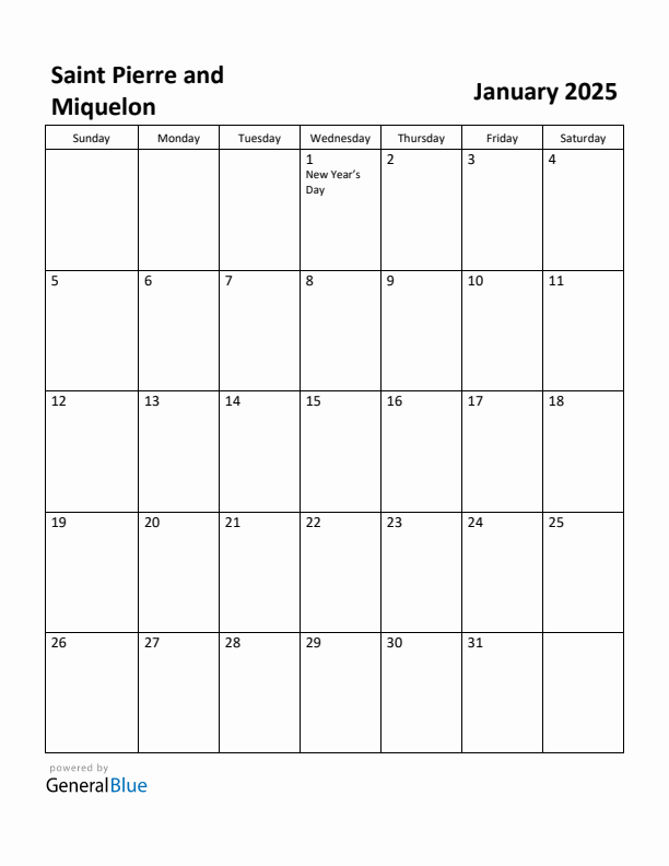 January 2025 Calendar with Saint Pierre and Miquelon Holidays