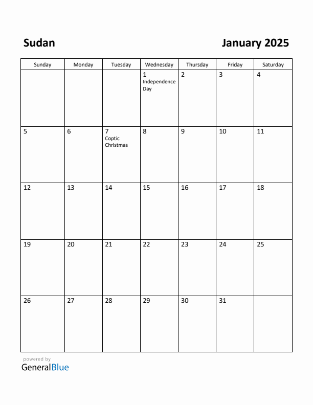 January 2025 Calendar with Sudan Holidays