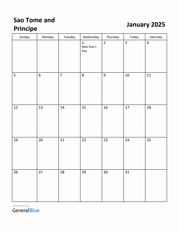 January 2025 Calendar with Sao Tome and Principe Holidays