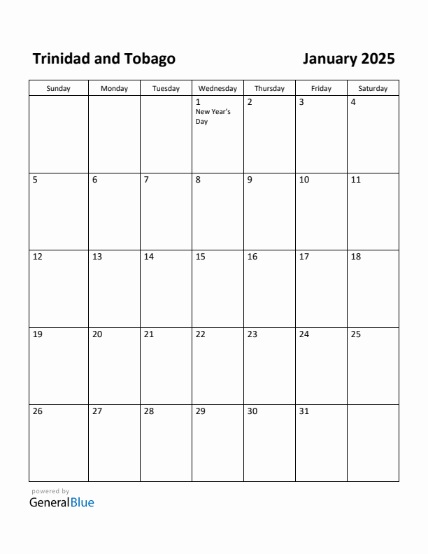 January 2025 Calendar with Trinidad and Tobago Holidays