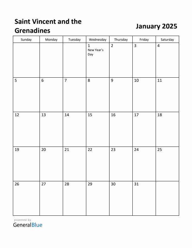 January 2025 Calendar with Saint Vincent and the Grenadines Holidays