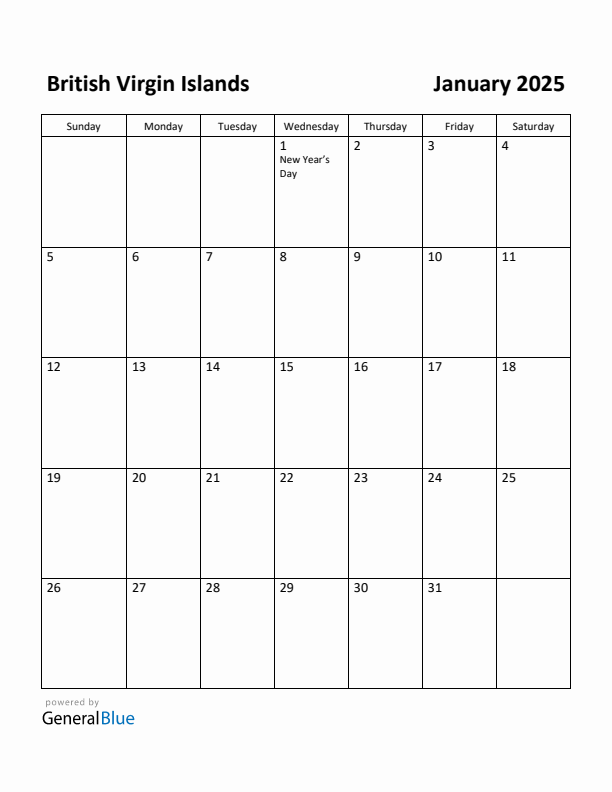 January 2025 Calendar with British Virgin Islands Holidays