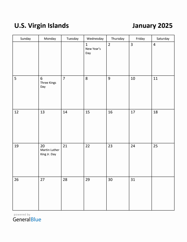 January 2025 Calendar with U.S. Virgin Islands Holidays