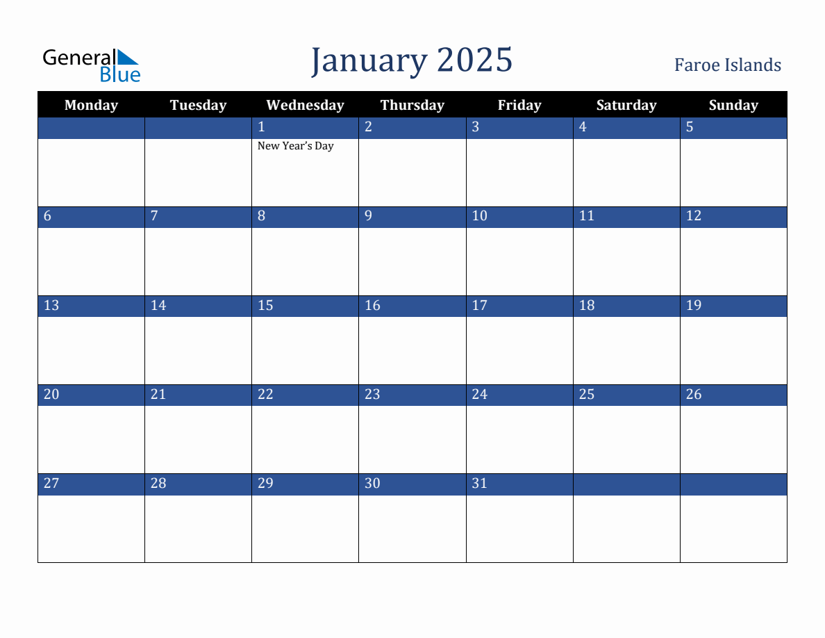 January 2025 Faroe Islands Holiday Calendar (Monday Start)