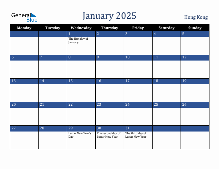 January 2025 Hong Kong Calendar (Monday Start)