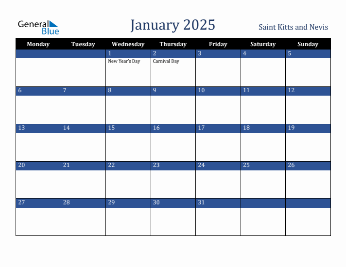 January 2025 Saint Kitts and Nevis Calendar (Monday Start)
