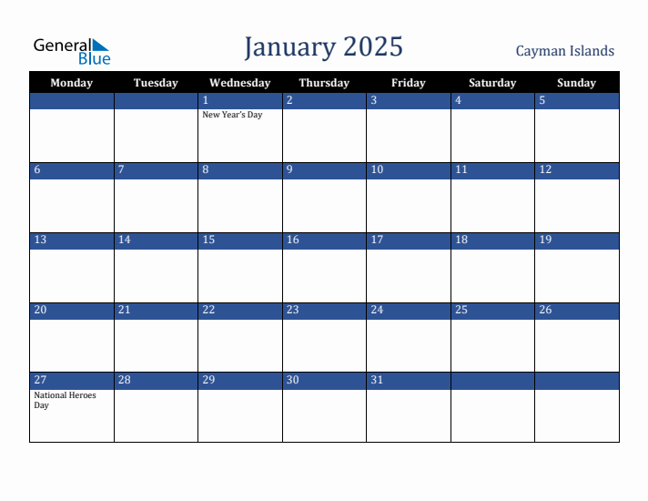 January 2025 Cayman Islands Calendar (Monday Start)