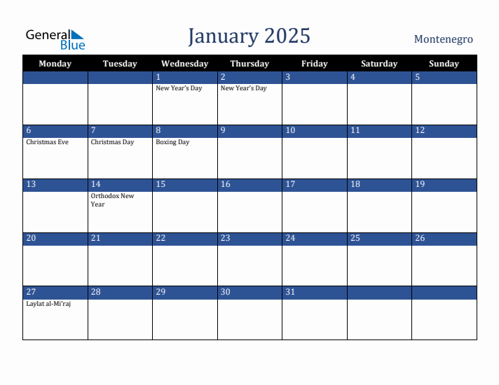 January 2025 Montenegro Calendar (Monday Start)