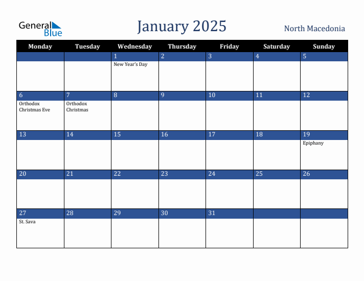 January 2025 North Macedonia Calendar (Monday Start)