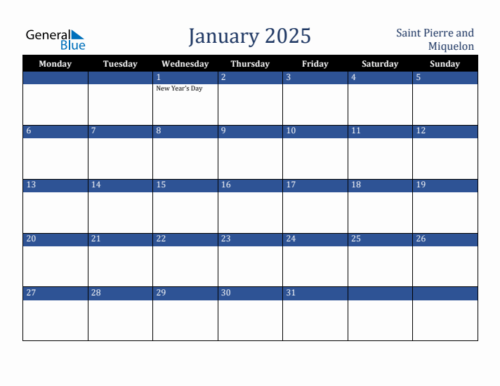 January 2025 Saint Pierre and Miquelon Calendar (Monday Start)