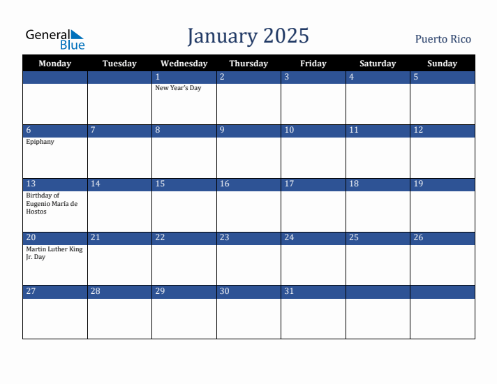 January 2025 Puerto Rico Calendar (Monday Start)
