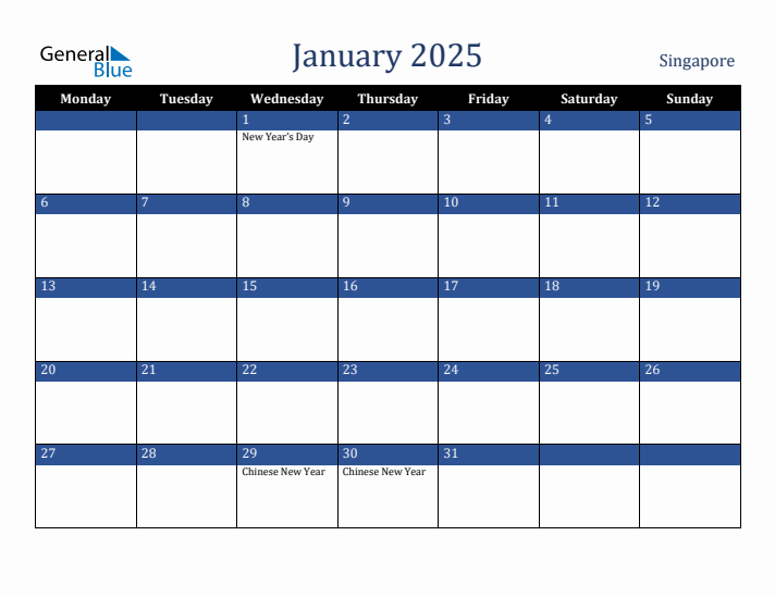 January 2025 Singapore Monthly Calendar with Holidays