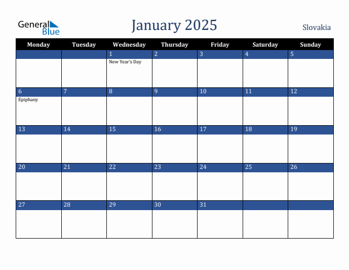 January 2025 Slovakia Calendar (Monday Start)