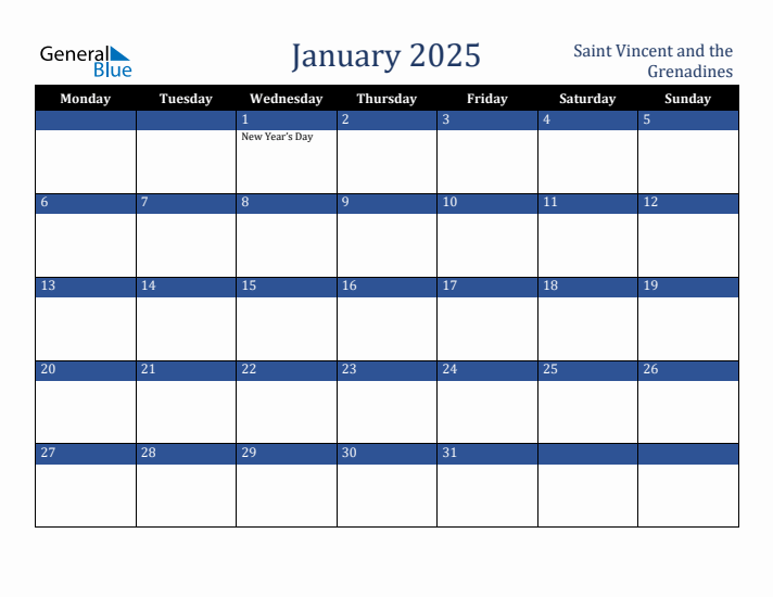 January 2025 Saint Vincent and the Grenadines Calendar (Monday Start)