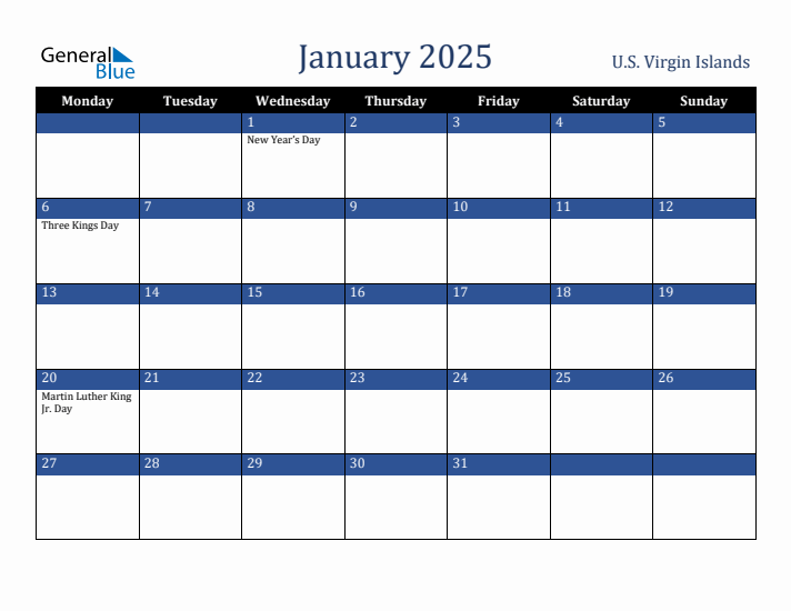 January 2025 U.S. Virgin Islands Calendar (Monday Start)