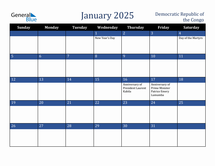 January 2025 Democratic Republic of the Congo Calendar (Sunday Start)