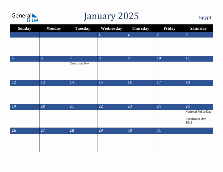 January 2025 Egypt Calendar (Sunday Start)