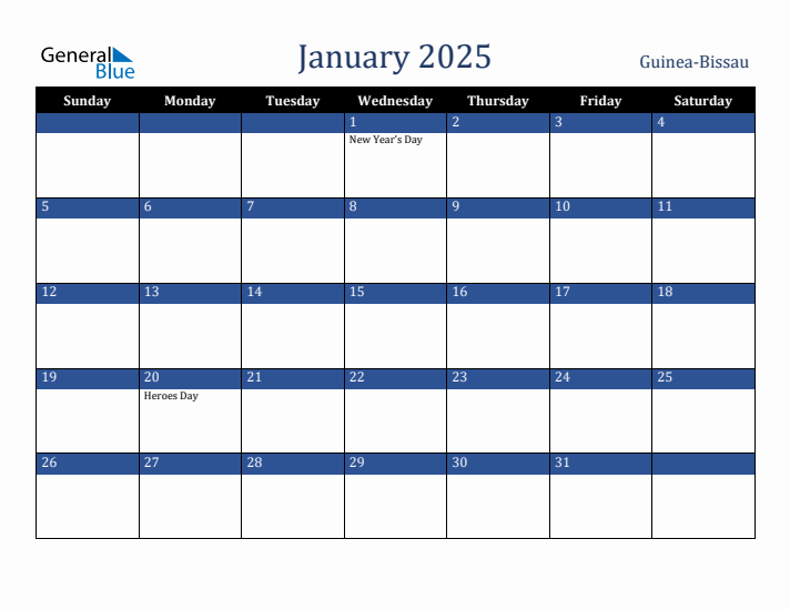 January 2025 Guinea-Bissau Calendar (Sunday Start)