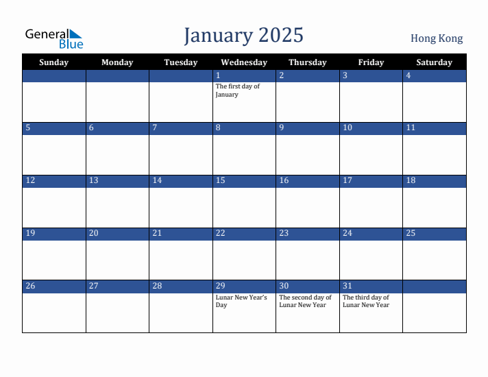 January 2025 Hong Kong Calendar (Sunday Start)