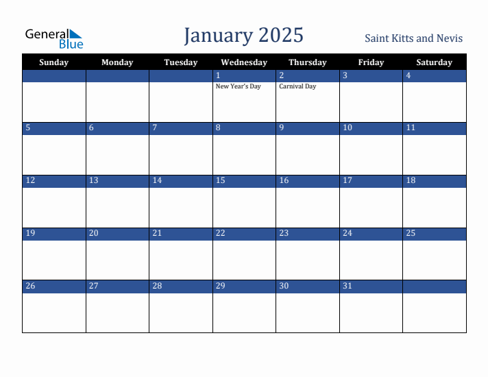 January 2025 Saint Kitts and Nevis Calendar (Sunday Start)