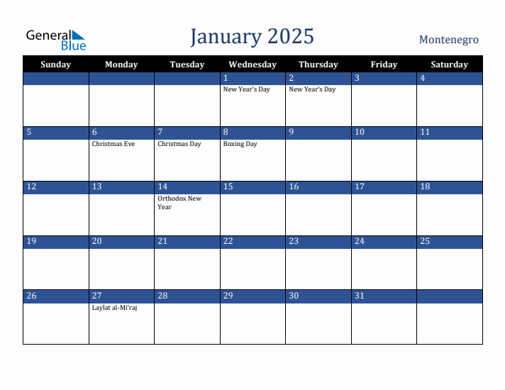 January 2025 Montenegro Calendar (Sunday Start)