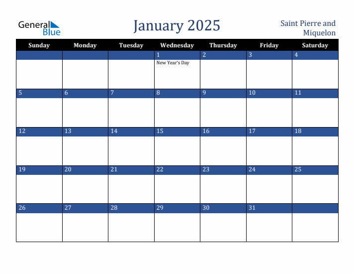 January 2025 Saint Pierre and Miquelon Calendar (Sunday Start)