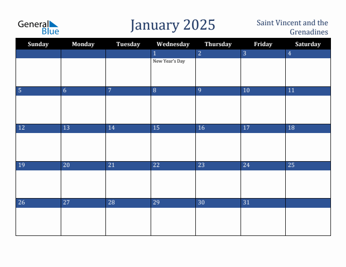 January 2025 Saint Vincent and the Grenadines Calendar (Sunday Start)