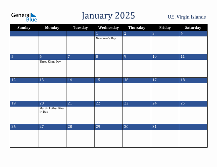 January 2025 U.S. Virgin Islands Calendar (Sunday Start)