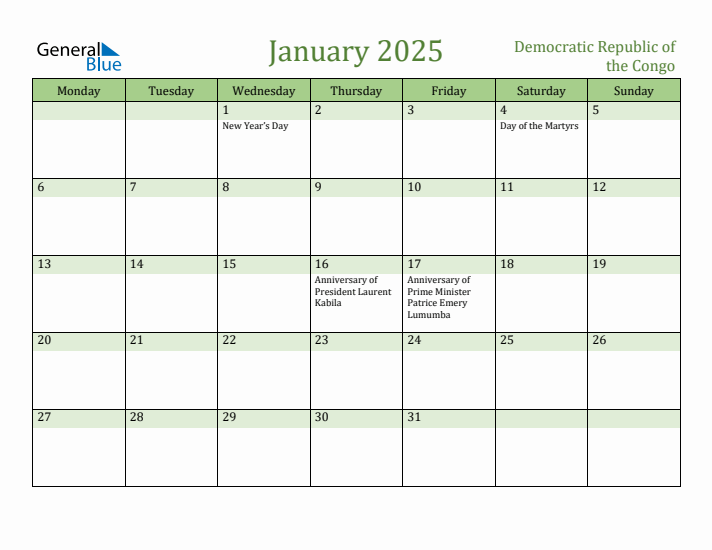 January 2025 Calendar with Democratic Republic of the Congo Holidays