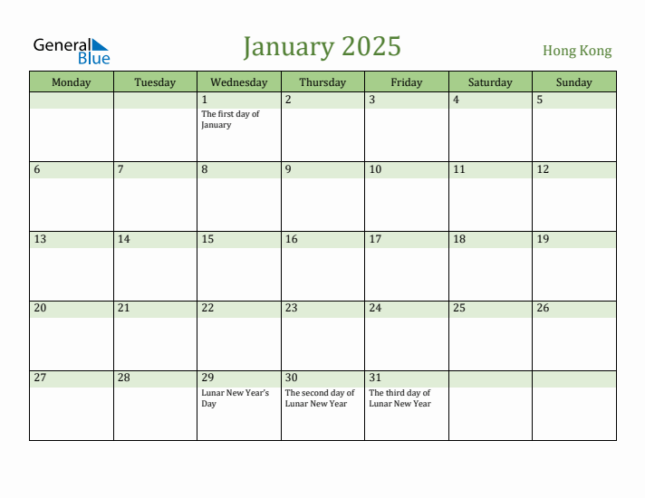 January 2025 Calendar with Hong Kong Holidays