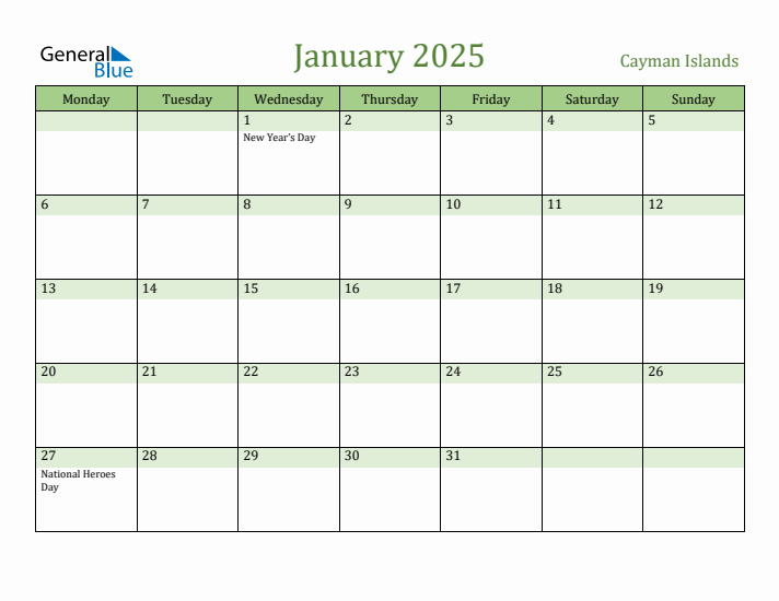January 2025 Calendar with Cayman Islands Holidays