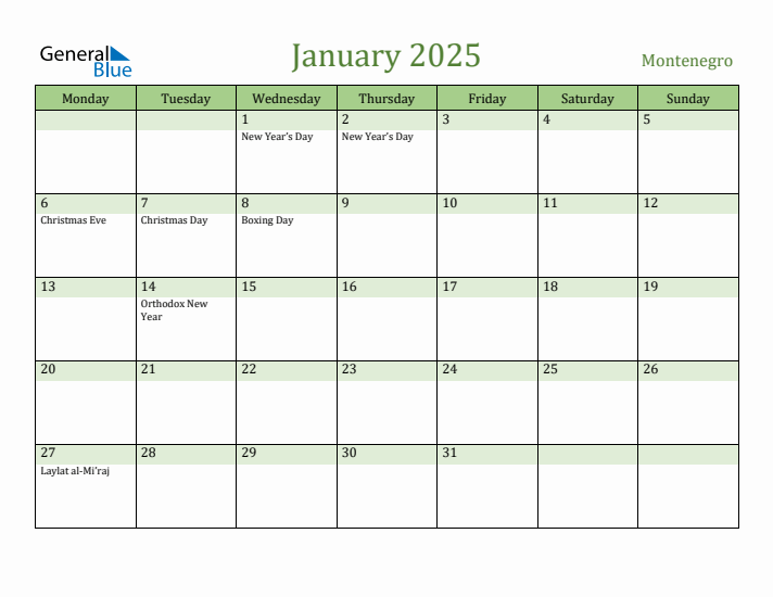January 2025 Calendar with Montenegro Holidays