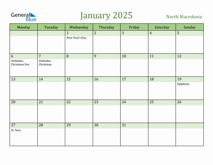 January 2025 Calendar with North Macedonia Holidays