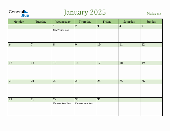 January 2025 Calendar with Malaysia Holidays