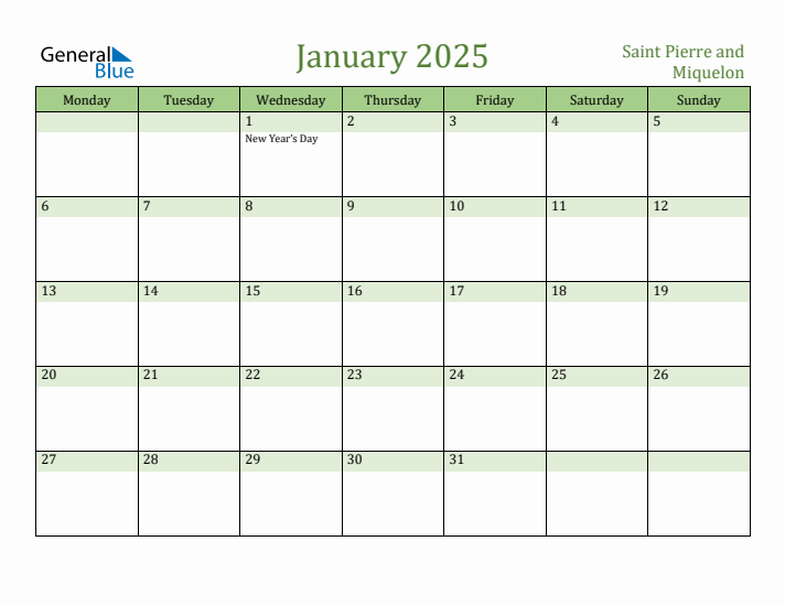 January 2025 Calendar with Saint Pierre and Miquelon Holidays