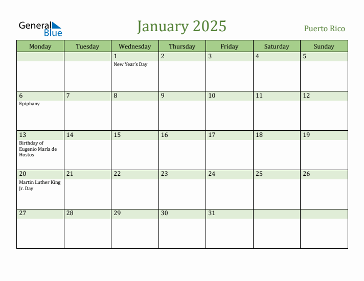 January 2025 Calendar with Puerto Rico Holidays