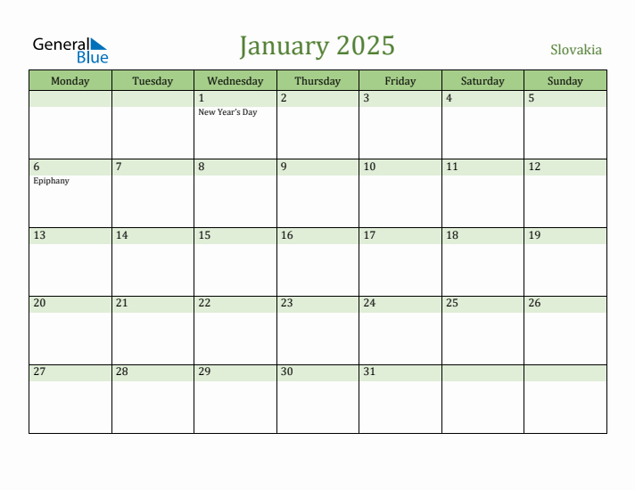 January 2025 Calendar with Slovakia Holidays