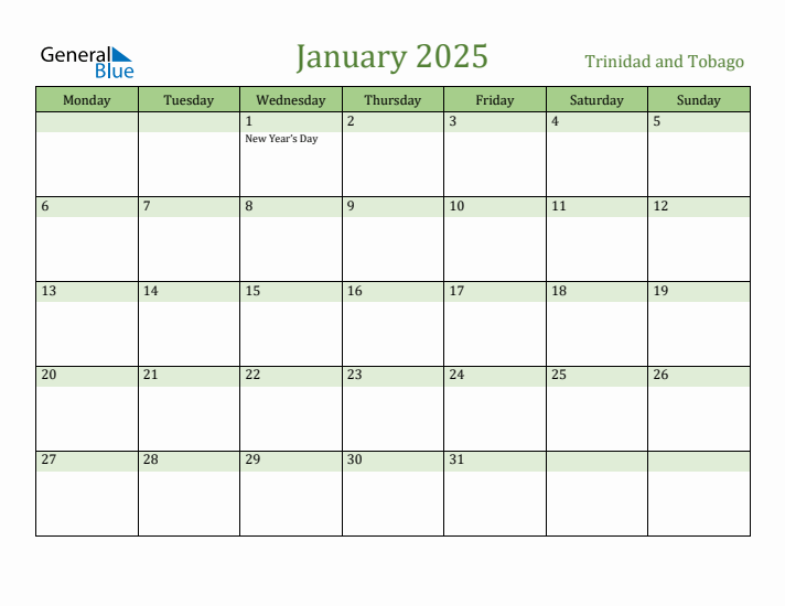 January 2025 Calendar with Trinidad and Tobago Holidays