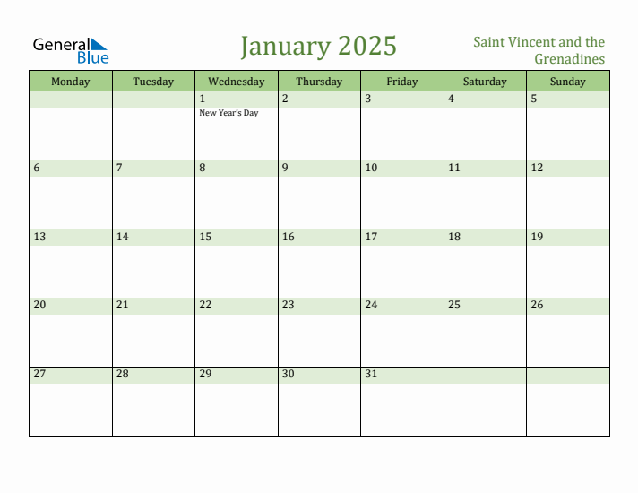 January 2025 Calendar with Saint Vincent and the Grenadines Holidays
