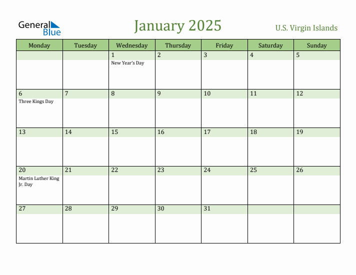 January 2025 Calendar with U.S. Virgin Islands Holidays