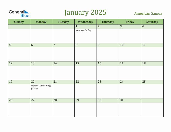January 2025 Calendar with American Samoa Holidays
