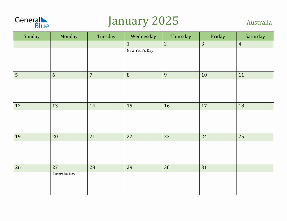 Fillable Holiday Calendar For Australia January 2025