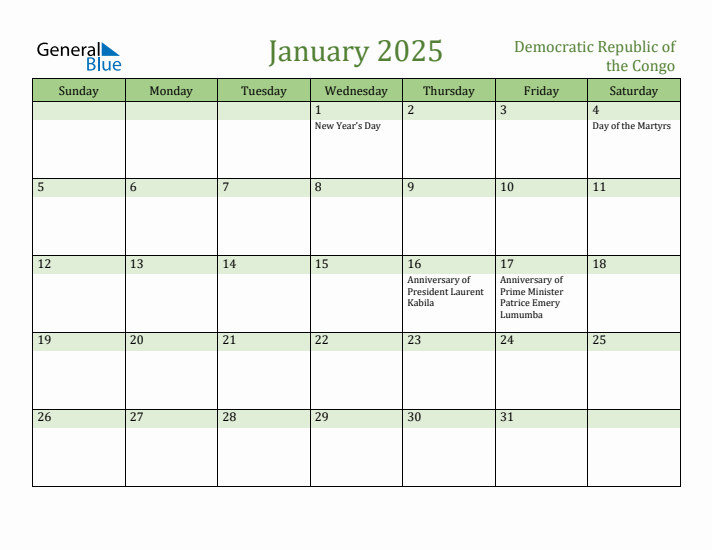 January 2025 Calendar with Democratic Republic of the Congo Holidays