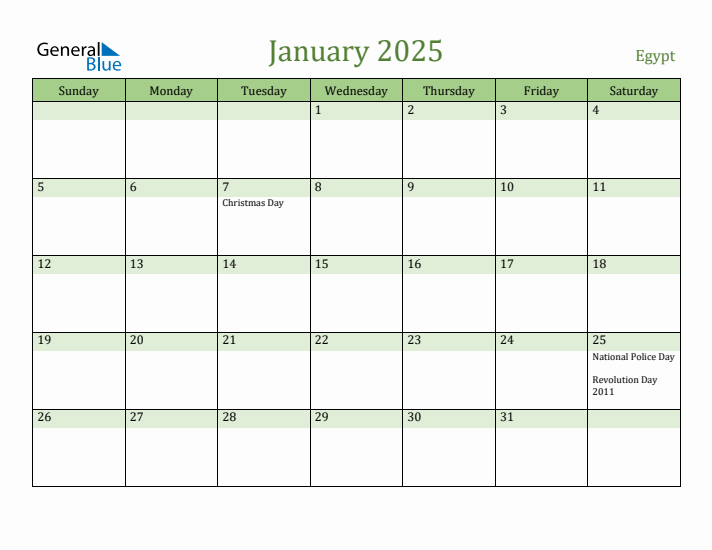 January 2025 Calendar with Egypt Holidays