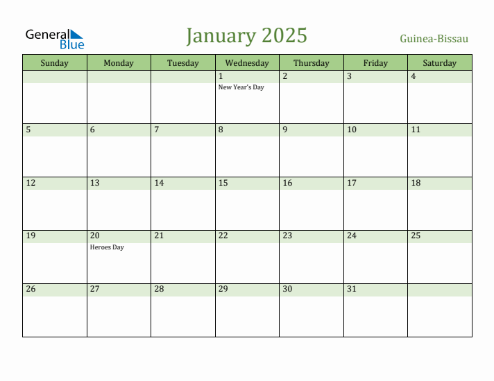 January 2025 Calendar with Guinea-Bissau Holidays