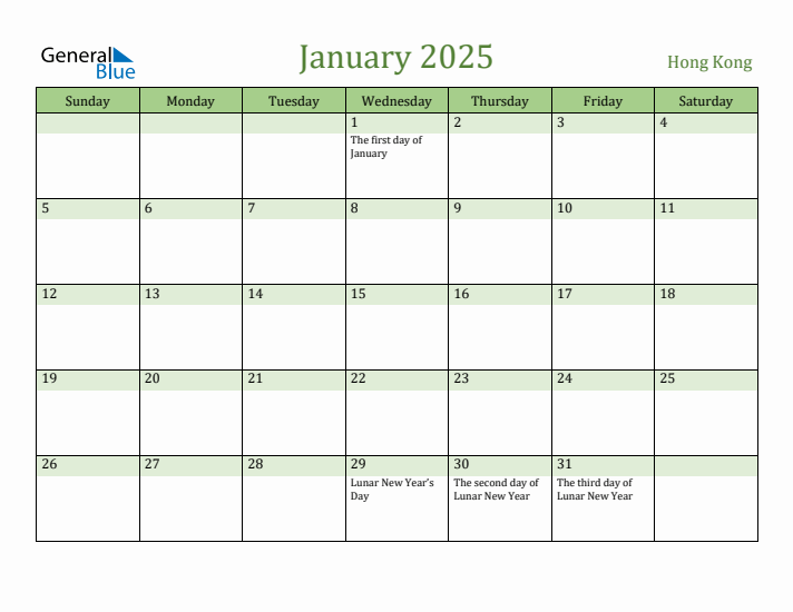 January 2025 Calendar with Hong Kong Holidays