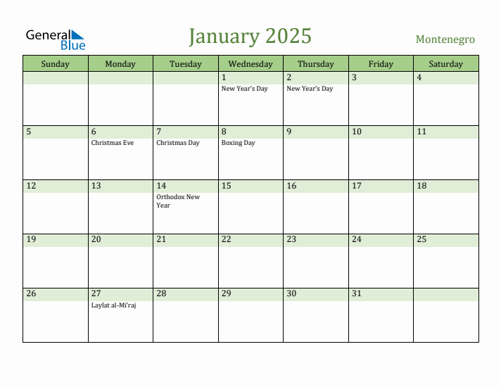 January 2025 Calendar with Montenegro Holidays