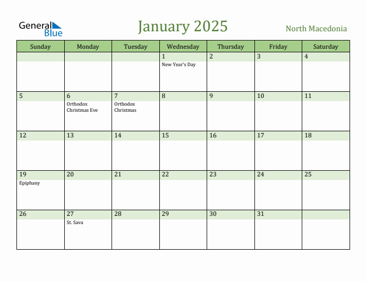 January 2025 Calendar with North Macedonia Holidays