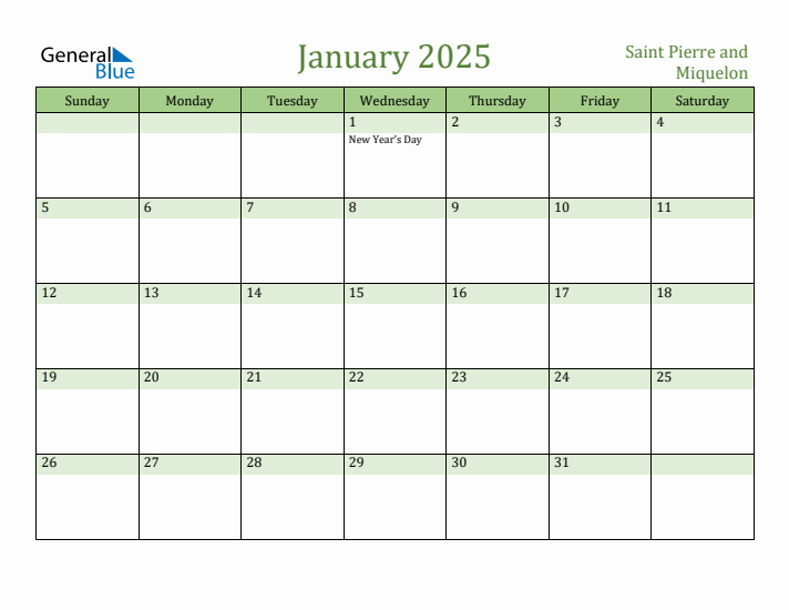 January 2025 Calendar with Saint Pierre and Miquelon Holidays