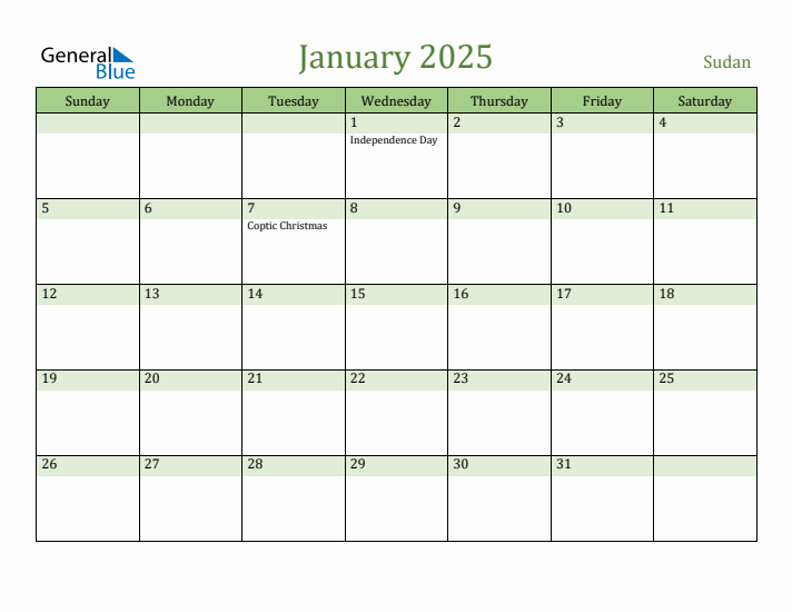 January 2025 Calendar with Sudan Holidays